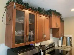 wood stained kitchen cupboards